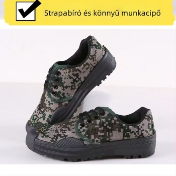 Kamuflált vászon munkacipő, kerek orr, alacsony sarok, PVC talp