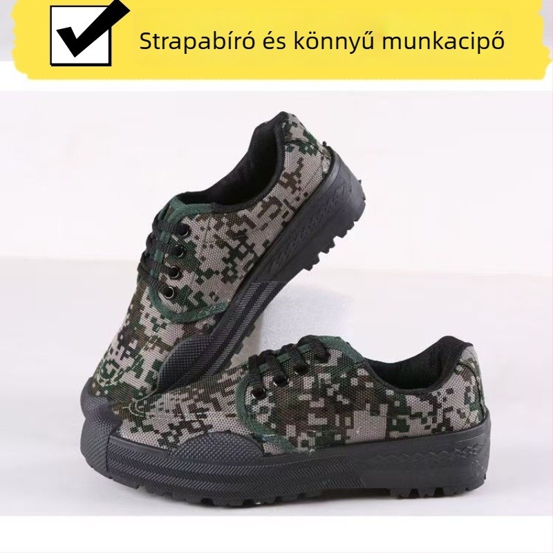 Kamuflált vászon munkacipő, kerek orr, alacsony sarok, PVC talp