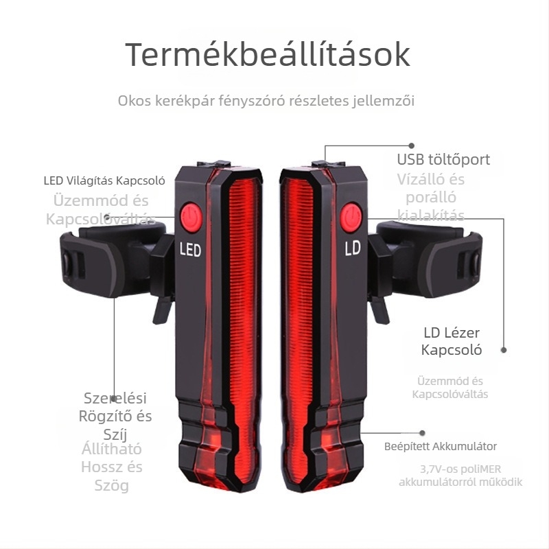 Hegyi kerékpár hátsó lámpa lézeres villanóval, USB-A töltés, pántos rögzítés éjszakai bringázáshoz