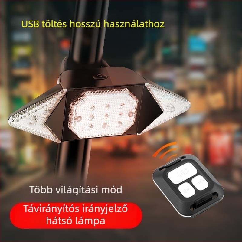 Kerékpár hátsó lámpa vezeték nélküli távirányítóval, jelzőfunkcióval, újratölthető, terepkerékpárhoz