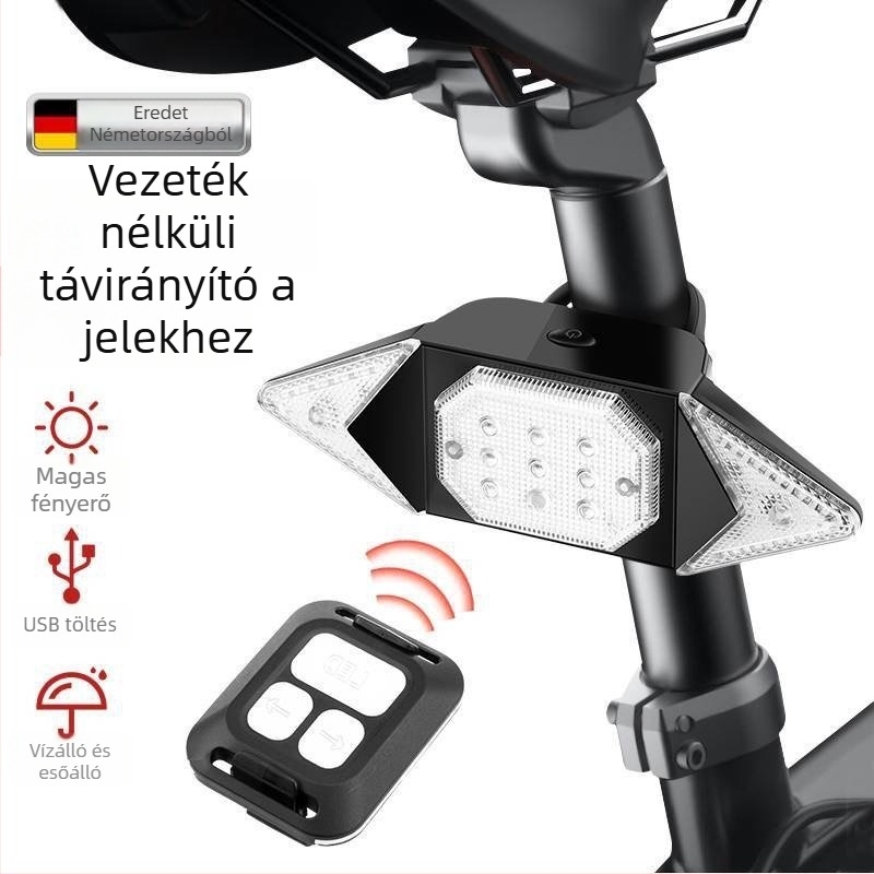 Kerékpár hátsó lámpa vezeték nélküli távirányítóval, jelzőfunkcióval, újratölthető, terepkerékpárhoz