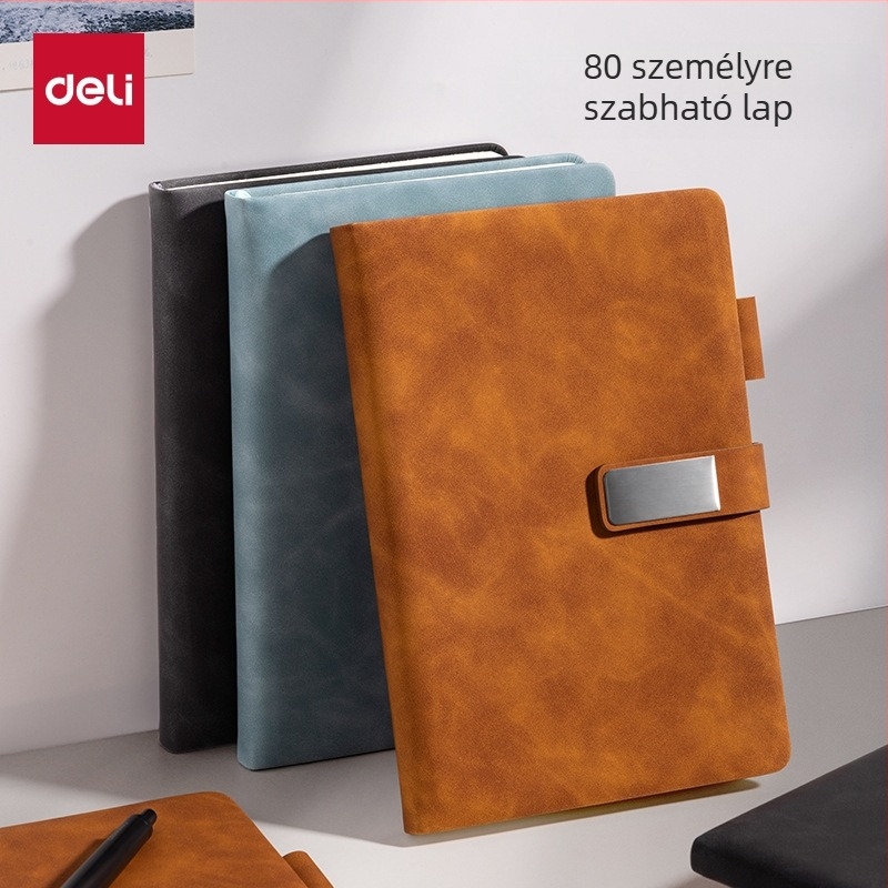 Deli testreszabható üzleti jegyzetfüzet csattal, vastag PU bőr borító, 80 oldal, vezeték nélküli kötés, krémszínű papír 70 g/m²