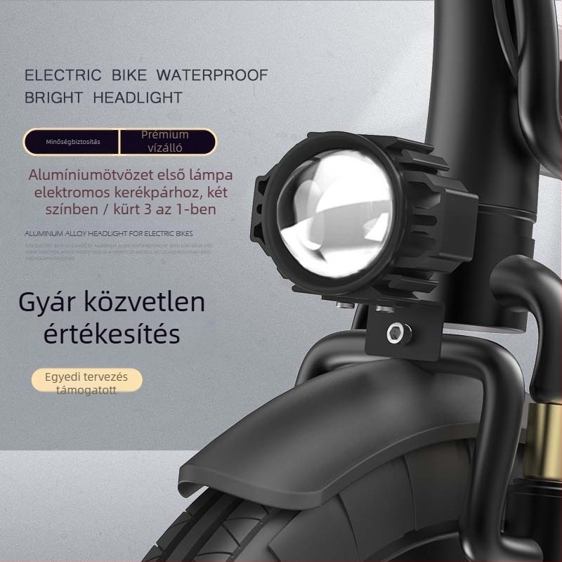 Elektromos kerékpár első lámpa kürttel, összecsukható kerékpárokhoz, vízálló alumíniumötvözet spotlámpa