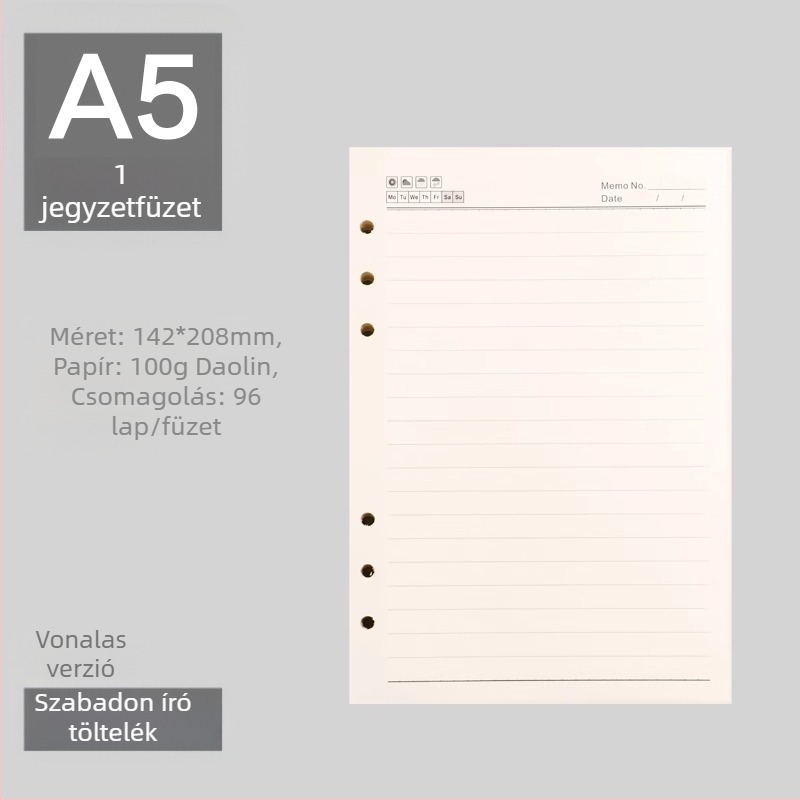 Leválasztható noteszmag 6/9 lyukkiosztással, belső oldalai erdei papírból, több mint 100 oldal, testreszabható feldolgozás, logó nyomtatás