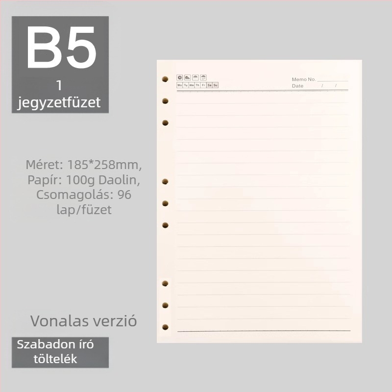 Leválasztható noteszmag 6/9 lyukkiosztással, belső oldalai erdei papírból, több mint 100 oldal, testreszabható feldolgozás, logó nyomtatás