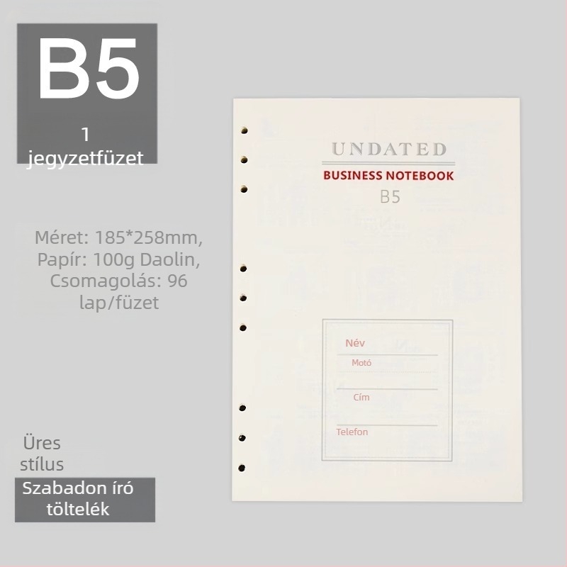 Leválasztható noteszmag 6/9 lyukkiosztással, belső oldalai erdei papírból, több mint 100 oldal, testreszabható feldolgozás, logó nyomtatás