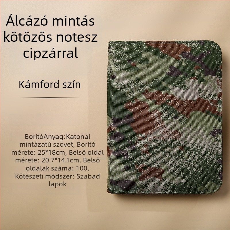 Zárható lazán fűzött notesz levehető jegyzetfüzettel, kamufláž minta, modell Dy25-105, 6 lyuk, 100 oldal
