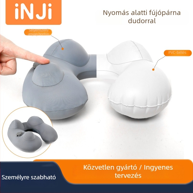 Nyomható inflációs U-alakú utazópárna kapucnival – könnyű, 155 g; anyaga: Ice Silk külső borítás + PVC bélés; alkalmas autóhoz, vonathoz és repülőhöz