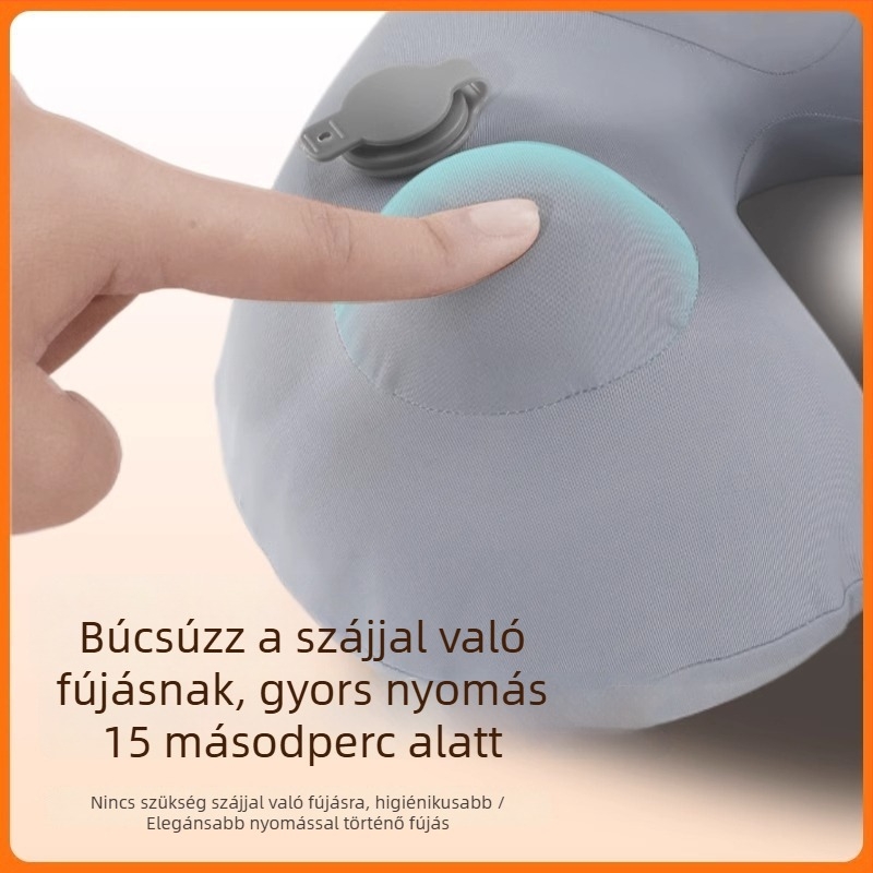 Nyomható inflációs U-alakú utazópárna kapucnival – könnyű, 155 g; anyaga: Ice Silk külső borítás + PVC bélés; alkalmas autóhoz, vonathoz és repülőhöz