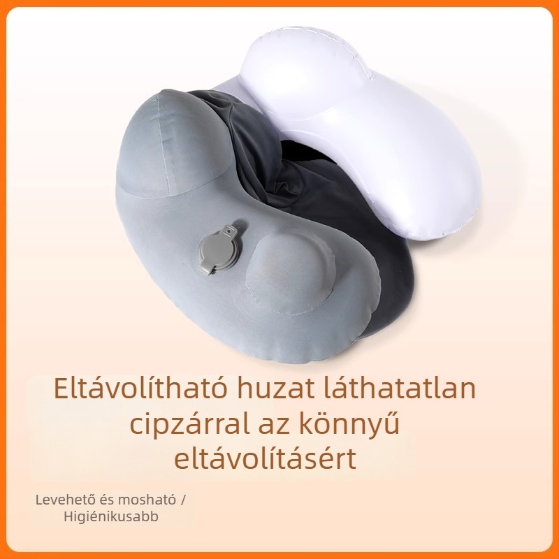 Nyomható inflációs U-alakú utazópárna kapucnival – könnyű, 155 g; anyaga: Ice Silk külső borítás + PVC bélés; alkalmas autóhoz, vonathoz és repülőhöz