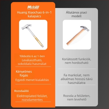 6 az 1-ben multifunkcionális kalapács vasfejjel és keresztes csavarhúzóval