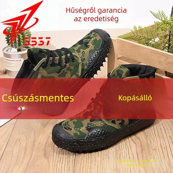 Kamuflált mintázatú vászon felső részű túracipő, magas szárú, elülső fűzőzár, csúszásmentes vulkanizált gumitalp