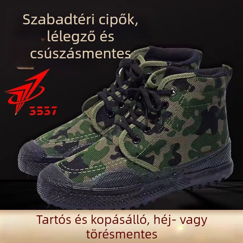 Kamuflált mintázatú vászon felső részű túracipő, magas szárú, elülső fűzőzár, csúszásmentes vulkanizált gumitalp