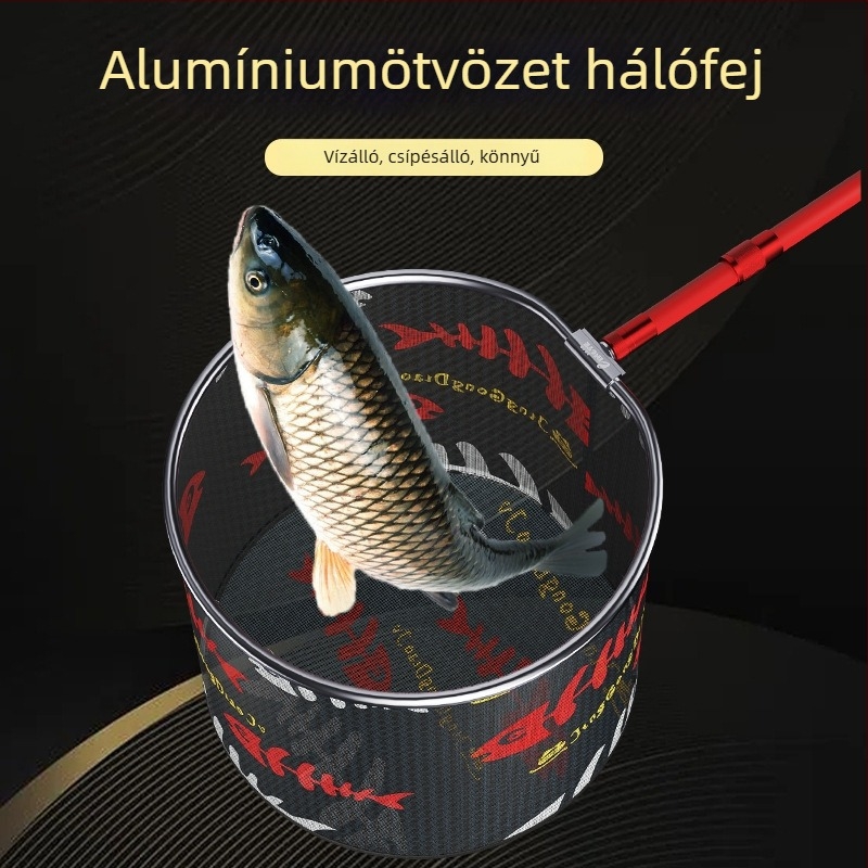 Alumínium ötvözetből készült halászhálófej, hálónyílásának átmérője 35 mm, háló mélysége 26 cm, vékony szemű háló, nem zsugorodik