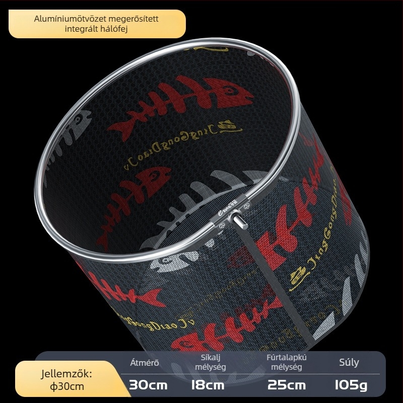 Alumínium ötvözetből készült halászhálófej, hálónyílásának átmérője 35 mm, háló mélysége 26 cm, vékony szemű háló, nem zsugorodik