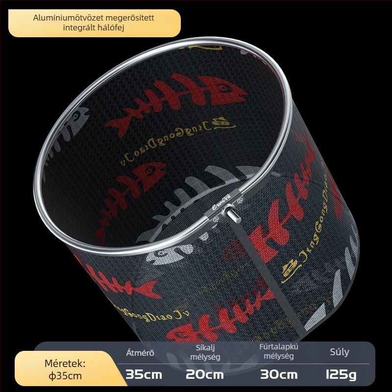 Alumínium ötvözetből készült halászhálófej, hálónyílásának átmérője 35 mm, háló mélysége 26 cm, vékony szemű háló, nem zsugorodik