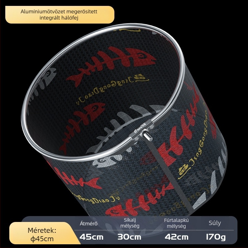 Alumínium ötvözetből készült halászhálófej, hálónyílásának átmérője 35 mm, háló mélysége 26 cm, vékony szemű háló, nem zsugorodik