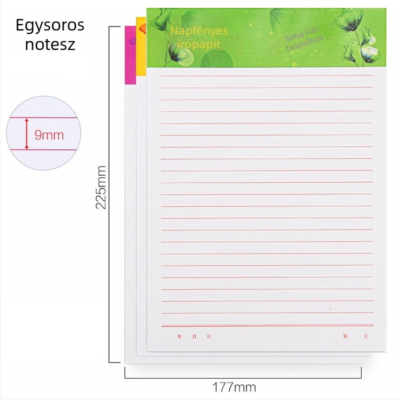 Írásra szánt papír egyrészes és kétsoros rács mintával; faipari cellulózpapír; modell: Letter Paper; nyomtatott logó.