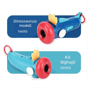 Gyerekeknek szóló történetmesélő vetítőjáték hang- és fényprojekttel — műanyag váz; működtetés: hagyományos száraz elem; 4–6 éveseknek megfelelő; korai nevelés történet-gép