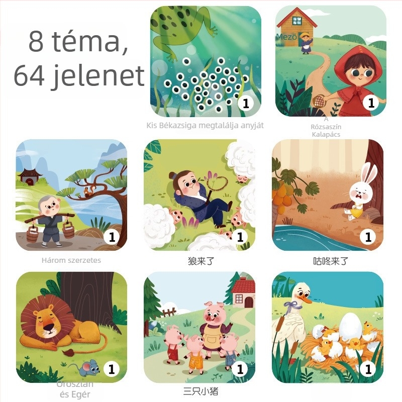 Gyerekeknek szóló történetmesélő vetítőjáték hang- és fényprojekttel — műanyag váz; működtetés: hagyományos száraz elem; 4–6 éveseknek megfelelő; korai nevelés történet-gép