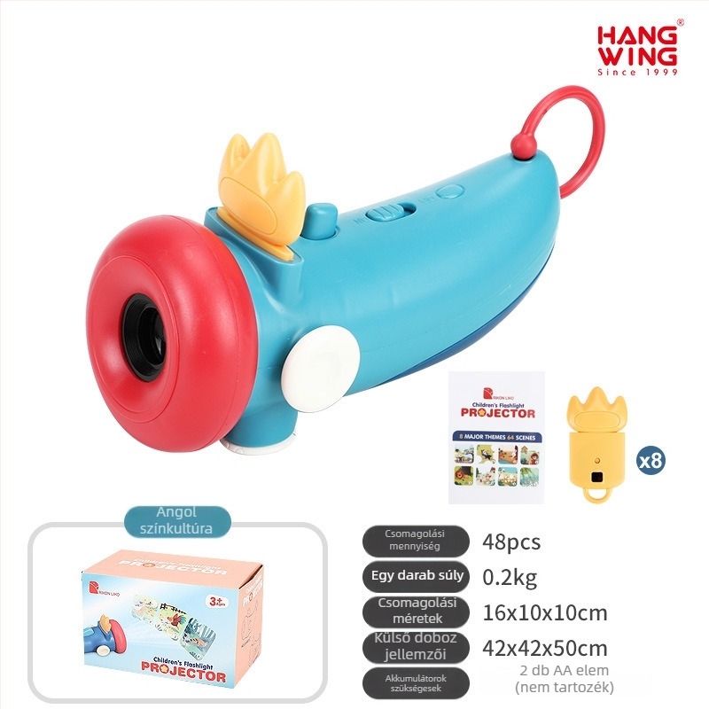 Gyerekeknek szóló történetmesélő vetítőjáték hang- és fényprojekttel — műanyag váz; működtetés: hagyományos száraz elem; 4–6 éveseknek megfelelő; korai nevelés történet-gép