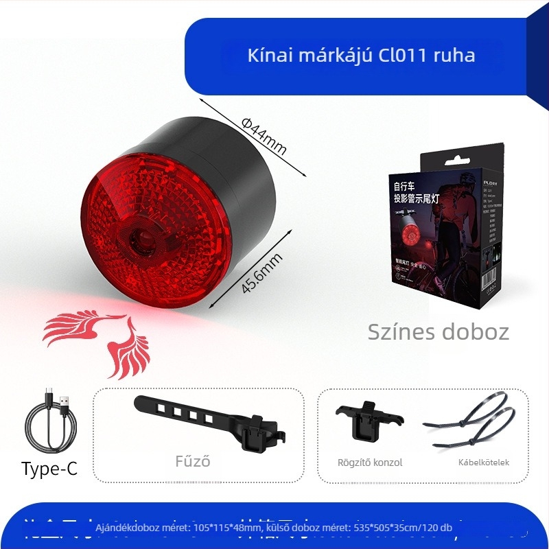 Kerékpár hátsó lámpa vetítéssel és mintázat testreszabással, újratölthető LED világítás, 500mAh, 2W, 360°-os forgás