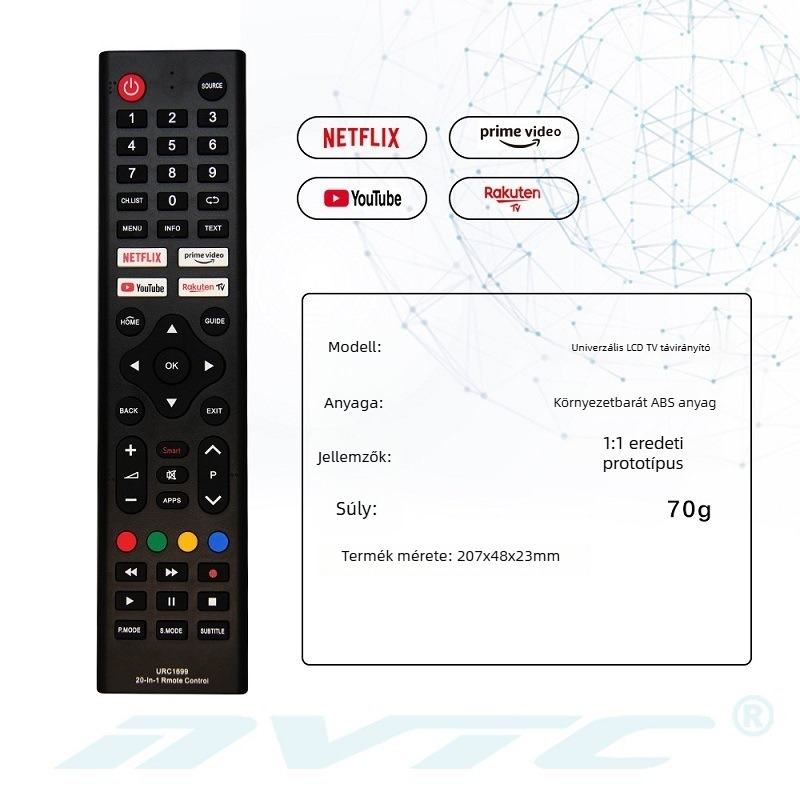 TV univerzális távirányító, 20-in-1, modell RM-L1699, hatótávolság 8 m, márka HJD