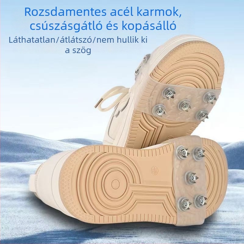 Átlátszó jégcsapok cipővédőkkel és csúszásgátló láncokkal, kültéri téli hegymászáshoz