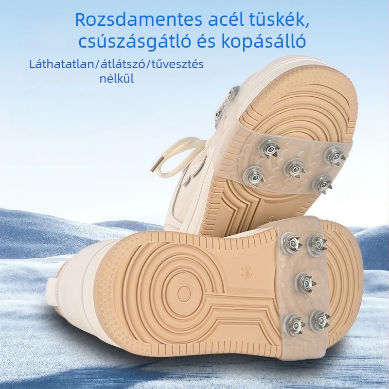 Átlátszó jégcsapok cipővédőkkel és csúszásgátló láncokkal, kültéri téli hegymászáshoz