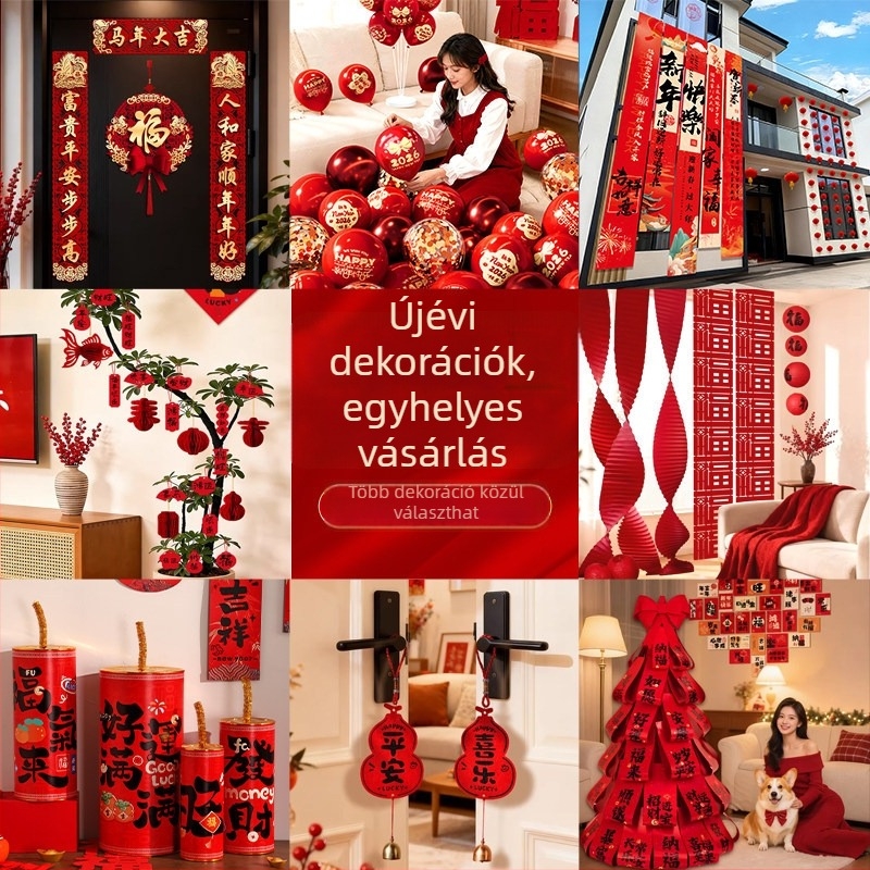 Újévi dekorációs készlet a Ló évére, rekviziták helyszínbeállításhoz Tavaszi Fesztiválhoz, tematikus buli-stílus