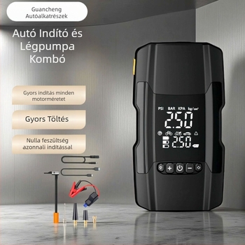 Autó légpumpa vészindítóval és tápegységgel, 14,8V, 120W, 35 L/min, digitális kijelző, >20 perc üzemidő