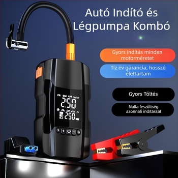 Autó légpumpa vészindítóval és tápegységgel, 14,8V, 120W, 35 L/min, digitális kijelző, >20 perc üzemidő