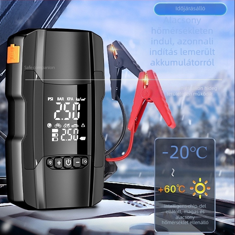 Autó légpumpa vészindítóval és tápegységgel, 14,8V, 120W, 35 L/min, digitális kijelző, >20 perc üzemidő