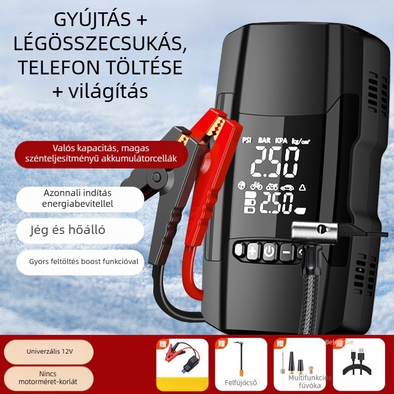 Autó légpumpa vészindítóval és tápegységgel, 14,8V, 120W, 35 L/min, digitális kijelző, >20 perc üzemidő