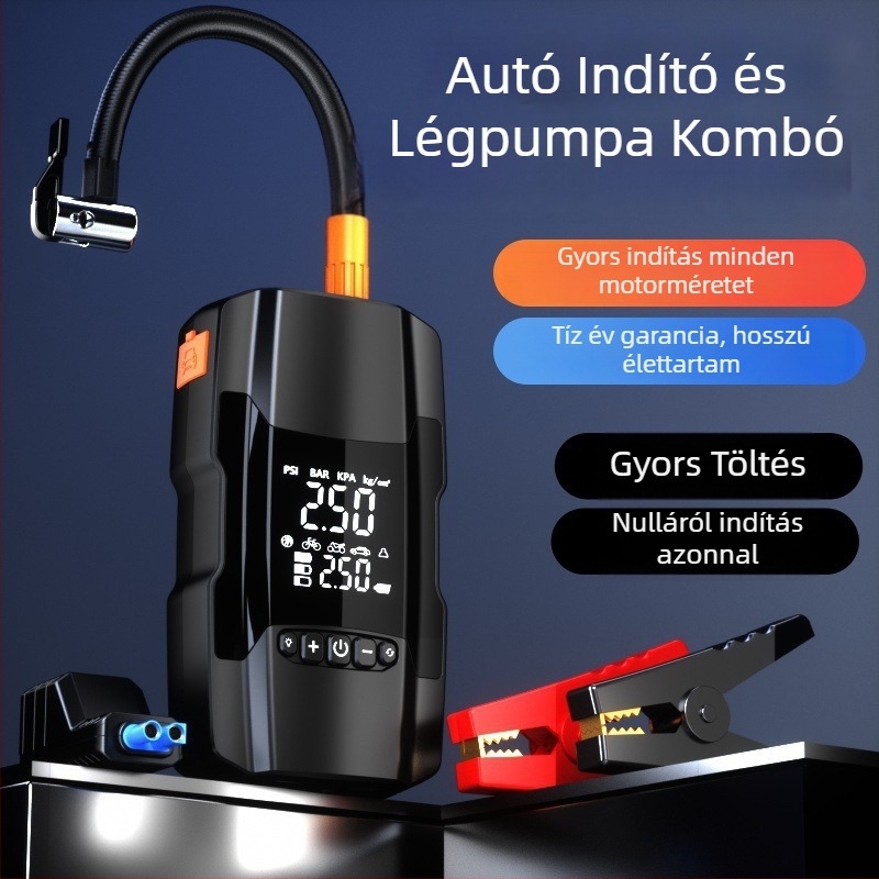 Autó légpumpa vészindítóval és tápegységgel, 14,8V, 120W, 35 L/min, digitális kijelző, >20 perc üzemidő