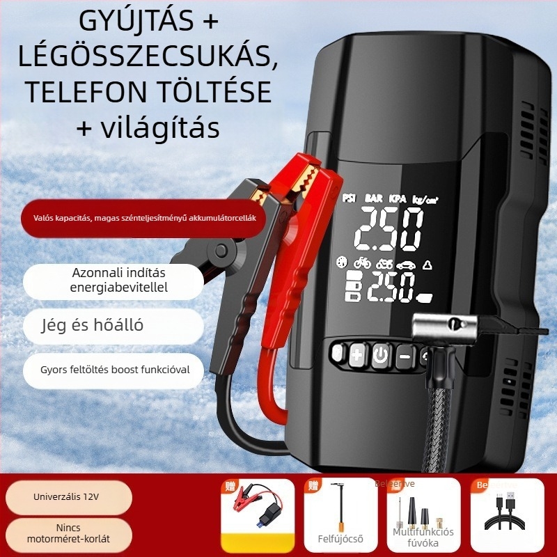 Autó légpumpa vészindítóval és tápegységgel, 14,8V, 120W, 35 L/min, digitális kijelző, >20 perc üzemidő