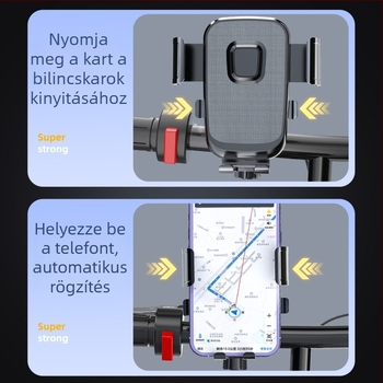 Univerzális telefon-tartó kerékpárhoz, elektromos kerékpárhoz és motorkerékpárhoz, forgatható navigációs tartóval és automata zárással