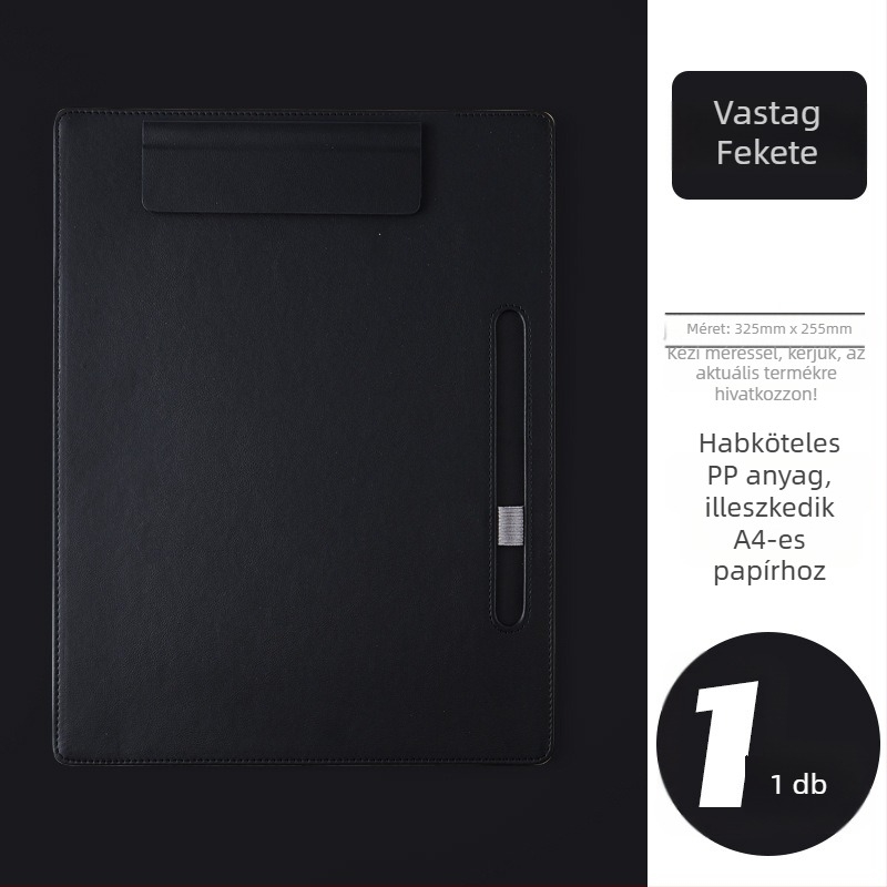 A4-es méretű bőr irattartó erős klipekkel üzleti megbeszélésekhez — logónyomtatás elérhető; klipsz mérete 325×255 mm; lemez vastagsága 8 mm; alkalmas A4-es papírhoz.