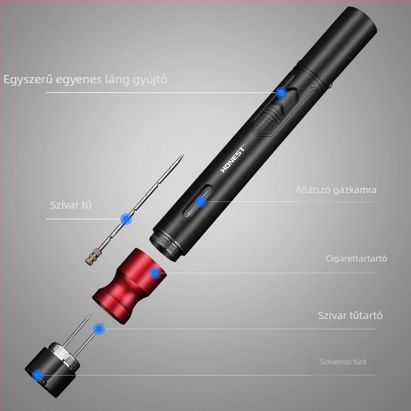 Hordozható szivar öngyújtó vágóval, felfújóval és tűs perforálóval — fémből készült test, bután üzemanyag
