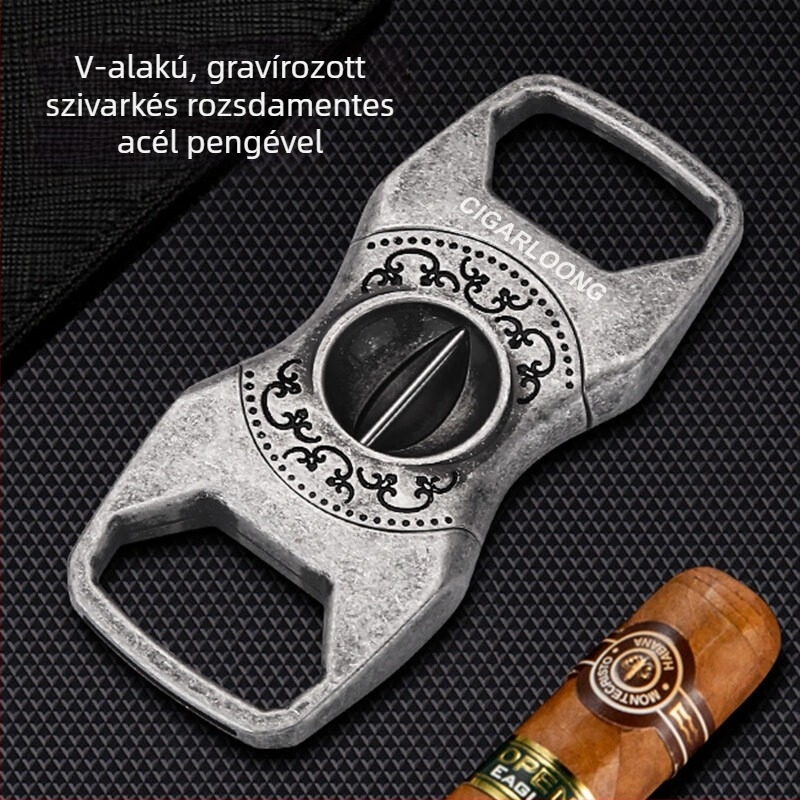 Vintage hordozható rozsdamentes acél szivarvágó, antik ezüst és arany felülettel, luxus gravírozott kivitel