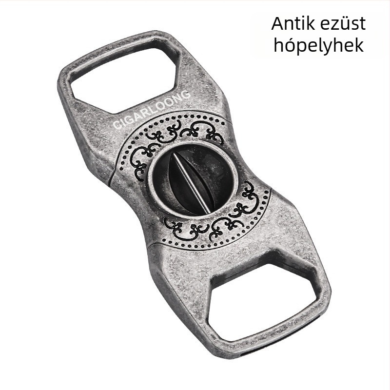 Vintage hordozható rozsdamentes acél szivarvágó, antik ezüst és arany felülettel, luxus gravírozott kivitel