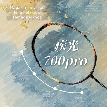 Badmintonütő 700PRO – szénszálas keret, egyenes nyél, súly 80–84 g, nylon húr, monoblokk kivitel