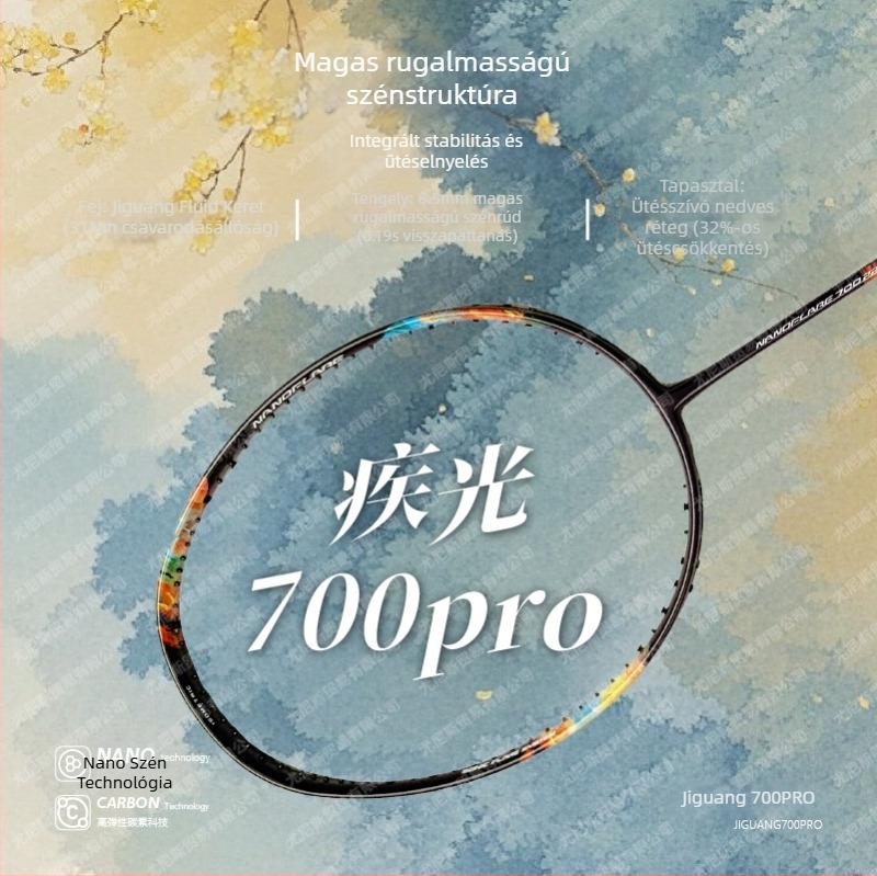 Badmintonütő 700PRO – szénszálas keret, egyenes nyél, súly 80–84 g, nylon húr, monoblokk kivitel
