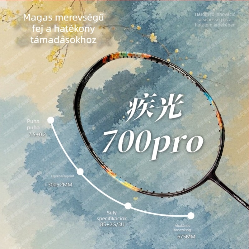 Badmintonütő 700PRO – szénszálas keret, egyenes nyél, súly 80–84 g, nylon húr, monoblokk kivitel