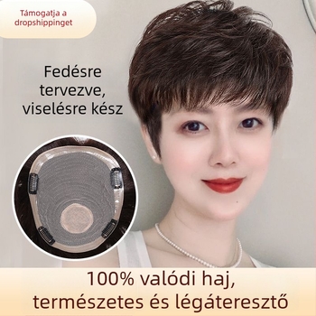 Női topp-korona paróka teljes emberi hajból, középkorú és idős nők számára – lefedi a szürke hajat és a kopaszodó koronát, láthatatlan, varratmentes