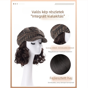 Női All-in-One sapka-paróka, koreai stílus, hőálló szintetikus haj, teljes fej paróka, nyolcszögletű houndstooth mintával