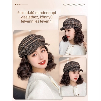 Női All-in-One sapka-paróka, koreai stílus, hőálló szintetikus haj, teljes fej paróka, nyolcszögletű houndstooth mintával