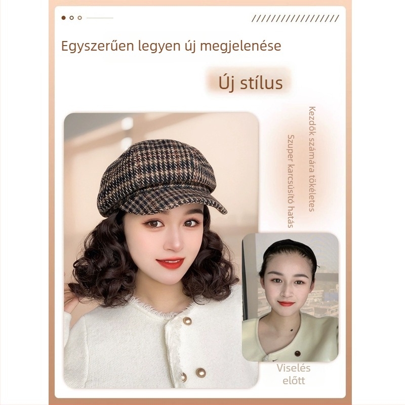Női All-in-One sapka-paróka, koreai stílus, hőálló szintetikus haj, teljes fej paróka, nyolcszögletű houndstooth mintával
