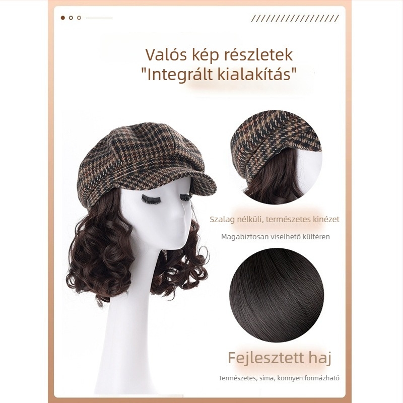 Női All-in-One sapka-paróka, koreai stílus, hőálló szintetikus haj, teljes fej paróka, nyolcszögletű houndstooth mintával