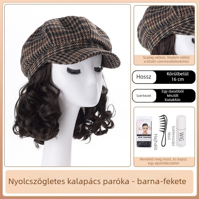 Női All-in-One sapka-paróka, koreai stílus, hőálló szintetikus haj, teljes fej paróka, nyolcszögletű houndstooth mintával